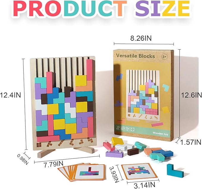 Wooden Stacking Puzzle Toy,Montessori Brain Blocks,Russian Blocks Puzzle,Brain Teasers Game with 10 Cards,Home Decor,Montessori Toys for 3 Year Old Boys&Girls