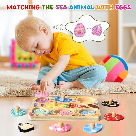 Zeoddler Wooden Puzzles for Toddlers, 8 Pcs Sea Animal Matching Egg Puzzle, Montessori Toys for Boy Girl Easter Birthday Gifts, Preschool Learning Activities & Educational Toys for Boys, Girls - Image 2