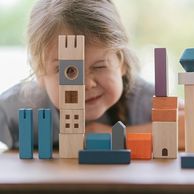 PlanToys® Cityscape Blocks Wooden Montessori Building and Imaginative Play Set | Fine Motor, Creativity and Early STEM Skill Development | Eco Friendly Open Ended Construction Toy