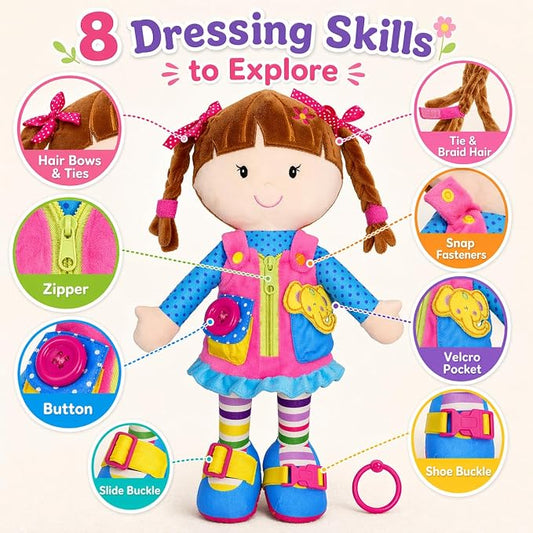 June Garden 15.5" Dressy Friends Belle - Educational Stuffed Plush Doll for Kids and Toddlers 2 Years and Up - Montessori Buckle Soft Toy - Image 2