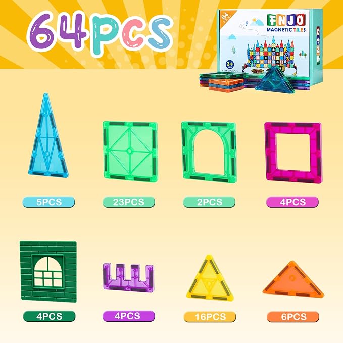 FNJO Magnetic Tiles, 64 PCS Magnetic Building Blocks, Magnets Building Set, STEM Toys for Kids Boys and Girls Creative and Inspirational - Image 8