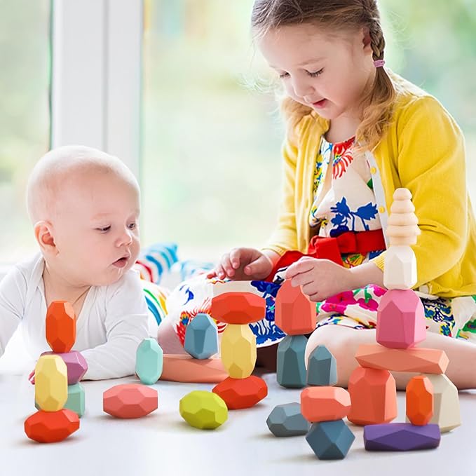 OESSUF Stacking Rocks 48Pcs Stacking Blocks Balancing Stacking Stones Wooden Building Toys Wood Stone Stacking Game for Toddler Sorting Preschool Educational Montessori Stacking Rocks for Kids - Image 7