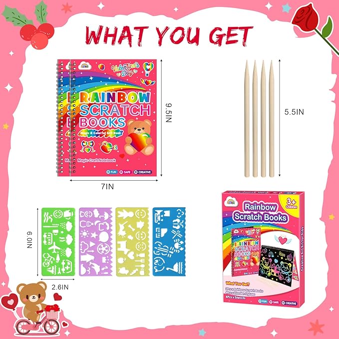 ZMLM Scratch Paper Art-Crafts Gift: 2 Pack Rainbow Notebooks Supplies Toys Valentine's Day Gifts for 3 4 5 6 7 8 9 10 Years Old Girls and Boys Kids Birthday Party Games