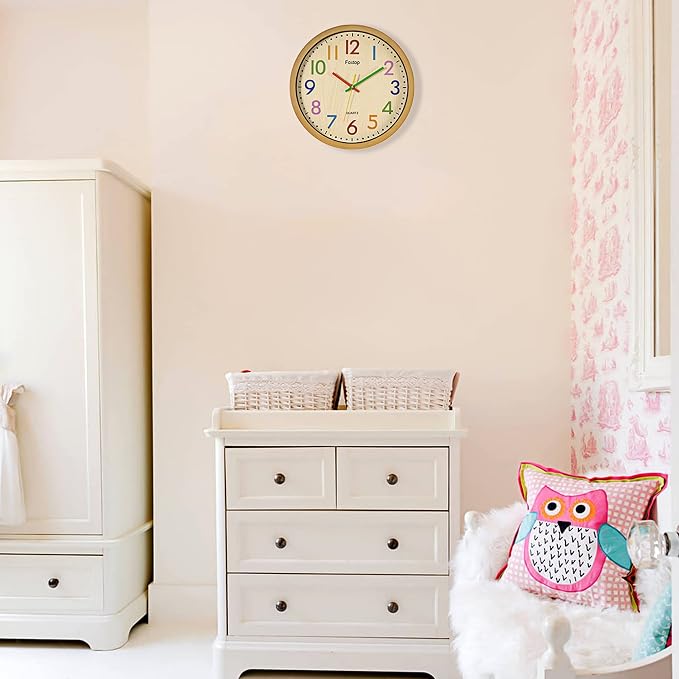Foxtop Silent Kids Wall Clock 12 Inch Non-Ticking Battery Operated Colorful Childrens Clock for Classroom Playroom Nursery Bedrooms Kids Room School - Image 9