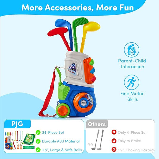 PJG Toddler Golf Set with Mat & Cornhole Board, Plastic Kids Golf Clubs 3-5 with 4 Golf Clubs and 10 Balls, Golf Toy with Cart for Boys and Girls Aged 1 2 3 4 5 Years Old Birthday (Blue)