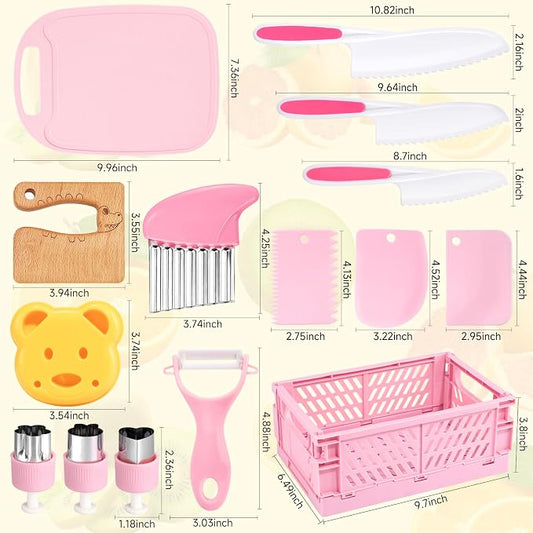 28PCS Toddler Knife Set - Kids Knifes for Real Cooking, Wooden Kids Kitchen Knife Set with Gloves Cutting Board Crinkle Cutters Kid Safe Knives, Toddlers Kitchen Tools (Crocodile 16PCS Set) - Image 2