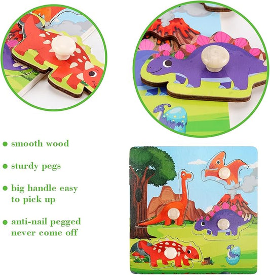 Wooden Peg Puzzles for Toddlers 1-3, Kids Educational Preschool Peg Puzzle Toy Ages 2-4, Set of 4 Dinosaur Toddler Puzzles, Ideal Gift for Ages 1 2 3 4 Boys and Girls - Image 2