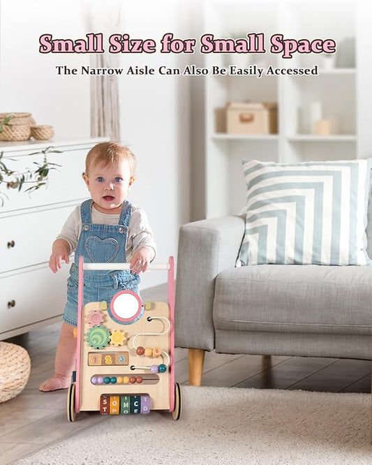 Wooden Baby Walker with Wheels, Baby Push Walkers for Girls 6-12 Months, Push Toys 1 Year Old Girl Small Size