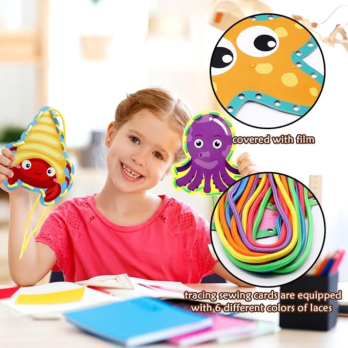 Sea Animals Lacing Cards Sewing Cards For Kids 12 Pack Shark Whale Ocean Theme Party Decor Double Sided Cardboard Lacing Playing Games for Preschool Home Developing Imagination Education Supplies - Image 7