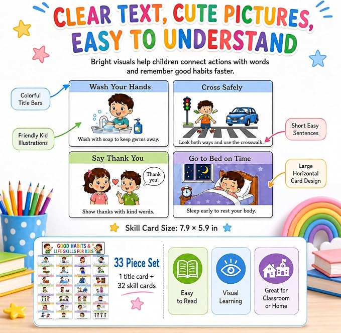 33 Pcs Good Habits & Life Skills Cards for Kids, Classroom Behavior Chart and Daily Routine Visual Cards for Preschool Kindergarten Homeschool Decor - Image 7