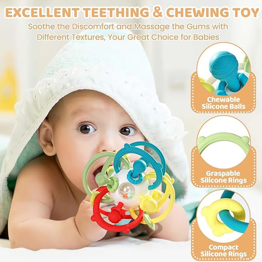 Orzbow Rattle & Sensory Teething Toys for Baby, Montessori Teethers Toys for Babies 3-12 Months, Infant Teething Relief Chew Toys, Stimulating Little Minds & Hands with Educational Toys for Toddlers