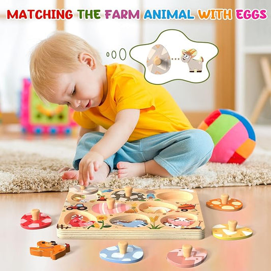 Zeoddler Wooden Puzzles for Toddlers, 8 Pcs Farm Animal Matching Egg Puzzle, Montessori Toys for Boy Girl Easter Birthday Gifts, Preschool Learning Activities & Educational Toys for Boys, Girls - Image 2