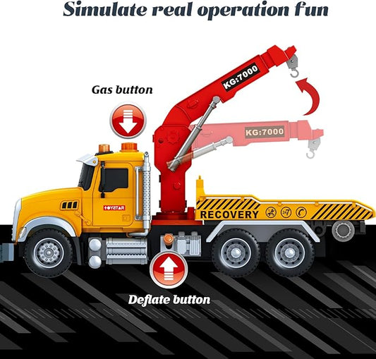 Friction Powered 15 Inch Large Tow Truck Toy with Lights & Sounds, Movable Crane Arm, Tilt Ramp & Roadster - Vehicle Play Set Gift for Boys Girls Kids Ages 3-7