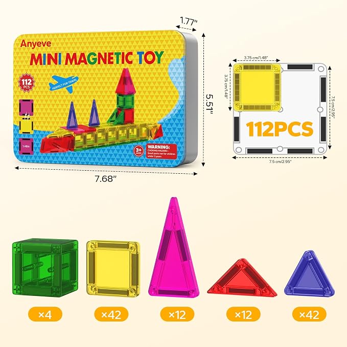 112PCS Mini Magnetic Tiles for Kids, Magnetic Tiles Travel Set with Iron Box, Portable Construction Toys STEM Educational Building Set for Kids Ages 4-8 Toddlers, Boys & Girls Birthday New Year Gift - Image 7