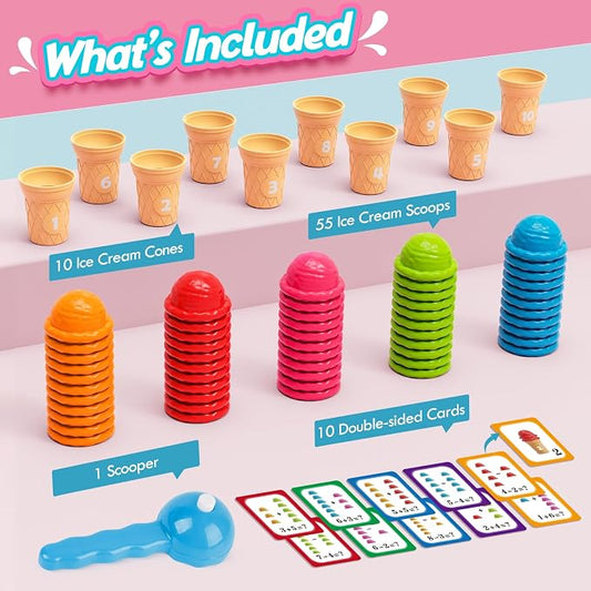 Aizweb Ice Cream Counting and Color Sorting Stacking Toys for Toddlers, Montessori Preschool Kindergarten Learning Activities,Number Math Manipulatives Math Games Educational Fine Motor Skills Toys - Image 2