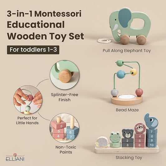 ELLIANI Montessori Toys for 1 Year Old - 3-in-1 Wooden Toy Set with Stacking Toy, Pull Toy, Bead Maze, Educational Gift for Toddlers Age 1-3