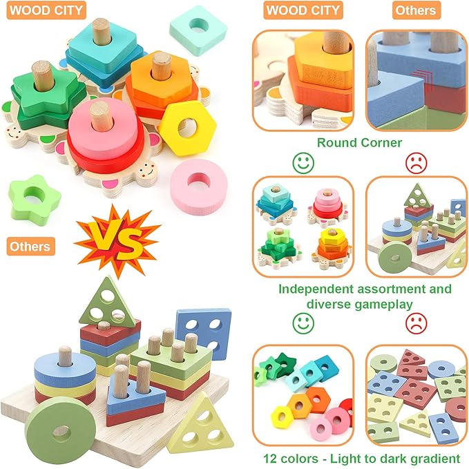 WOOD CITY Stacking Toys for Toddlers 1-3, Montessori Shape Sorter Baby Toys 12-18 Months, Wooden Block Educational Puzzle Toys for Boys Girls 1 2 3 4 Year Old Preschool Learning Gifts