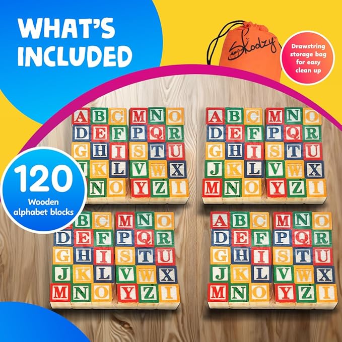 Skoolzy Wooden ABC Blocks - 120 Pc Stacking Set for Toddlers Ages 2+