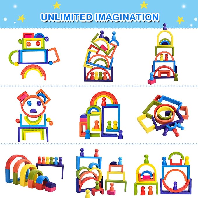 Wooden Toys, Montessori Toys for Kids 3 4 5 6+Years Old Boys Girls Rainbow Stacking Blocks Set Preschool Activites Educational Toy Gifts for Toddler-19PCS - Image 6