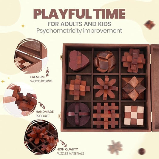Wooden Brain Teaser Puzzles for Adults - Brain Teaser Puzzles with Wooden Box 3D Puzzle Game Toys for Adults Teens - Unlock Interlocking Puzzle Adult IQ Education Smart Toys