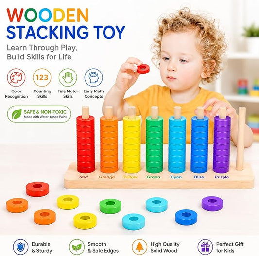Montessori Wooden Color Sorting Stacking Toys, Montessori Toys Rainbow Rings Game with 70 Pieces, Fine Motor Skills Learning Toy, Educational Preschool Gift for Boys Girls Age 3 4 5+ - Image 2