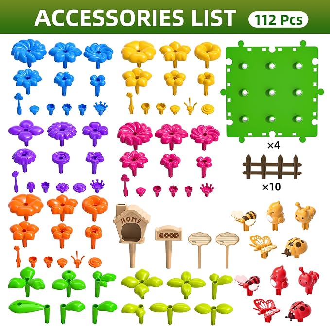 112 Pcs Flower Garden Toy, Toddler Girl Toys 3-4 Years Old Girls Gardening Building Gifts Set Best Educational Learning Fine DIY Crafts Stem Construction Stacking Kit for 3 4 5 6 7 Year Kids Birthday - Image 7