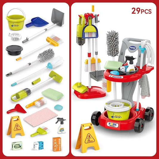 Toddler Cleaning Set,Kids Cleaning Toy Set,New 29-Piece Detachable Kids Cleaning Set for Toddlers - Pretend Play Educational Cleaning Carts (red)