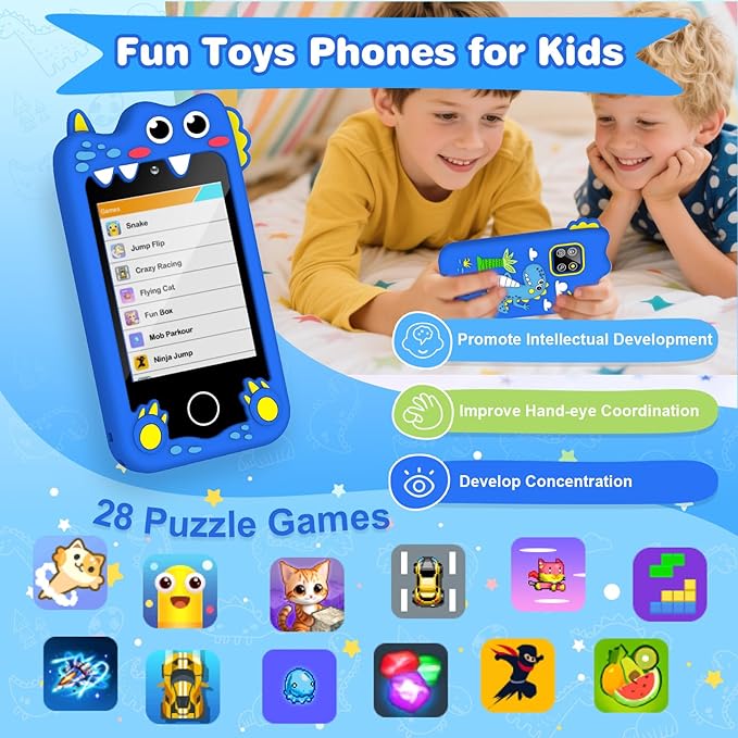M SANMERSEN Dinosaur Smart Phone for 3 4 5 Year Old Kids, 2.8" Touchscreen Toddler Phone Toy, Dual Camera 28 Learning Games, MP3 Music Player, Built-in 32G SD Card