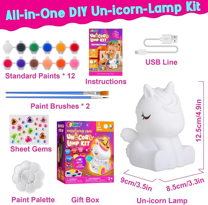 EPUMP Paint Your Own Lamp Kit - Rechargeable 1200mAh Un-icorn Night Light with 2 Light Modes, Arts and Crafts Painting Toys for Girls Boys, Art Supplies Birthday & Christmas Gifts for Kids Ages 3-12+