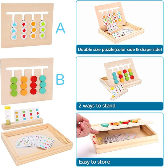 Montessori Learning Toys Slide Puzzle Color & Shape Matching Brain Teasers Logic Game Preschool Educational Wooden Toys for Kids Boys Girls Age 3 4 5 6 7 Years Old Airplane Travel Toy Birthday Gifts