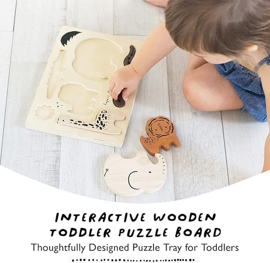 Wee Gallery Wooden Tray Puzzle Safari Animals, Montessori Toy for Toddlers and Preschoolers for Early Learning and Fine Motor Skill Development, Sustainable Educational Puzzle for Kids