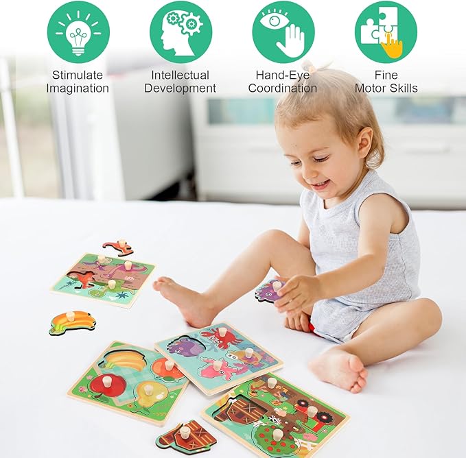 Wooden Peg Puzzles for Toddlers 1-3, Kids' Educational Preschool Peg Puzzle Toy, Set of 4 Toddler Puzzles - Farm, Dinosaur, Fruit and Marine Animals, Ideal Gift for Ages 1 2 3 Boys and Girls - Image 7