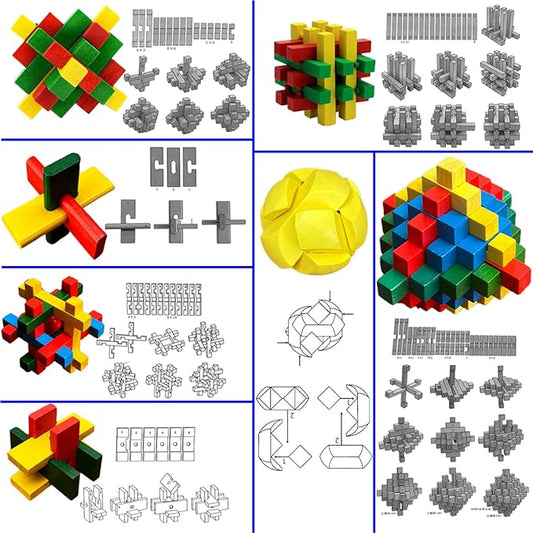 18 Pack Large Wooden Brain Teaser Puzzles Wooden Burr Puzzles Brain Teaser Puzzle with Gift Packing Box Magic Puzzle Games Toys Stocking Stuffers Party Favors for Kids and Adults (Colorful Wood)