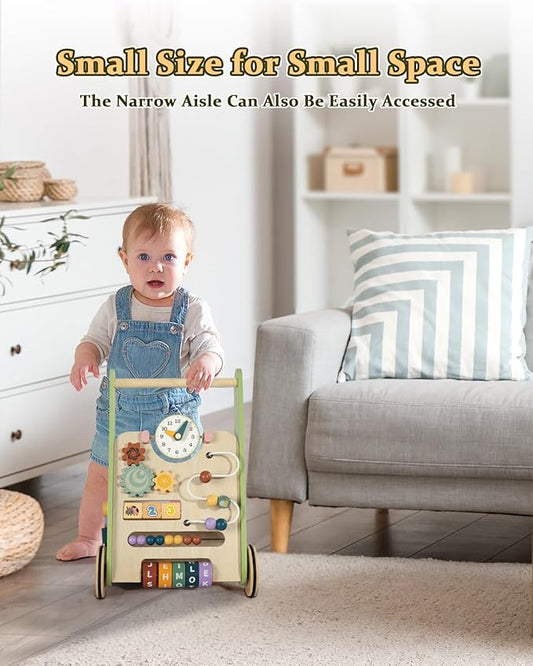 Wooden Baby Walker with Wheels, Push Walker for Baby Boy 6-12 Months, Baby Activity Center Sit to Stand Walker Small Size