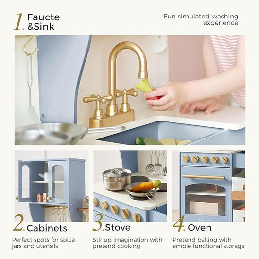 Tiny Land Play Kitchen for Kids with Enhanced Storage – Modern Toddler Kitchen Playset with Stove, Sink & Accessories, Organized Wooden Toy Kitchen, Ideal for Toddlers