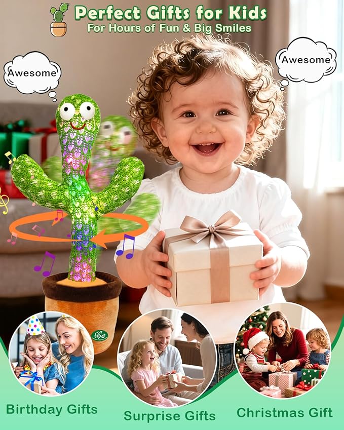 Pbooo Talking Dancing Cactus Toy for Baby, Repeats What You Say & Recording, 120 Songs Interactive Musical Toy with Volume Control, Light Up Tummy Time Infant Toys for 6 12 Months, 1 Year Old Gifts