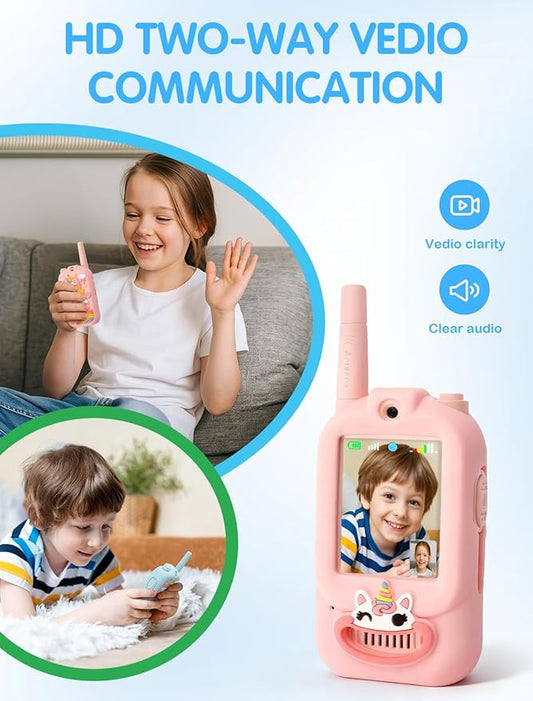 Walkie Talkie for Kids with Video: 2 Pack Rechargeable Toddler Toys with HD Camera & Voice Changer, Long Range Gift Toys for Boy & Girl Age 3-8 for Outdoor Play, Camping (Dinosaur Blue/Unicorn Pink)