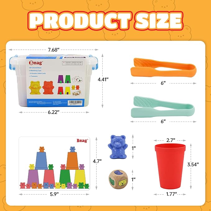 Bmag Counting Bears with Matching Sorting Cups,Pre-School Math Learning Games with 2 Dices,Color Recognition STEM Educational Toy for Toddler Bonus Tweezers, Storage Box, Activity Cards - Image 7
