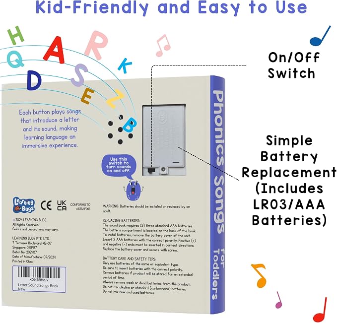 LEARNING BUGS Phonics Songs Book, 26 Letter Sound Songs, Preschool & Kindergarten Learn to Read for 3 Year olds, Perfect Toy and Gift for Toddlers Ages 2+ - Image 6