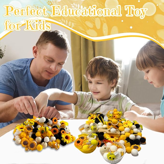 196Pcs Sensory Bin Filler, Fine Motor Toys Bee Themed Sensory Bin Items Counting Sorting Toy Colorful Pom Poms Cup Bee Honeycomb Wooden Scoop for Preschool Education Activities - Image 5
