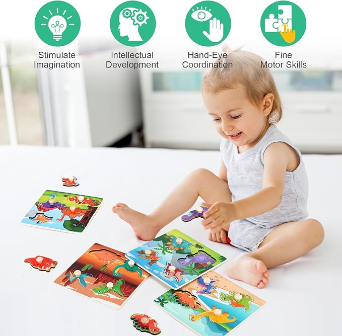 Wooden Peg Puzzles for Toddlers 1-3, Kids Educational Preschool Peg Puzzle Toy Ages 2-4, Set of 4 Dinosaur Toddler Puzzles, Ideal Gift for Ages 1 2 3 4 Boys and Girls - Image 7