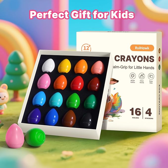 Egg Crayons for Toddlers 1-3, 16 Pack Jumbo Palm Grasp Crayons with Anti-Roll Flat Bottom & Fruit Patterns - Washable, Non-Toxic & Unbreakable Art Supplies for Kids, Gift for Boys & Girls