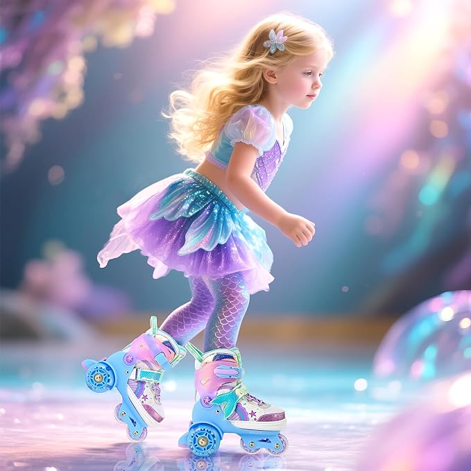 NEMONE Mermaid 4 Size Adjustable Light up Roller Skates for Girls, Purple Blue Skates for Toddlers, Beginner Kids Butterfly Roller Skates Indoor Outdoor