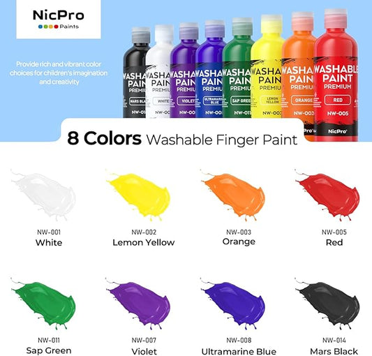 Nicpro 8 Colors Washable Finger Paint Set for Kid (4 oz), Non-Toxic Finger Painting Art Supplies for Toddlers Age 1-3 4 5 6+, Tempera Kids Paint for Craft DIY, Poster, School, Home, Classroom, Party