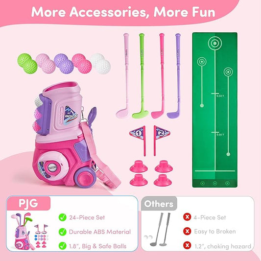 PJG Toddler Golf Set with Mat, Plastic Kids Golf Clubs 3-5 with 4 Golf Clubs and 10 Balls, Indoor and Outdoor Golf Toys with Cart for Toddlers Boys and Girls Aged 1 2 3 4 5 Years Old Birthday (Pink)