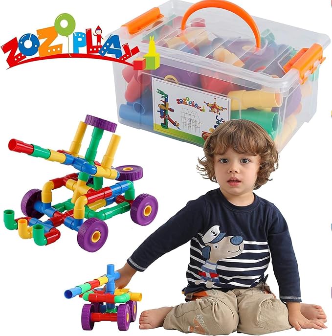 ZOZOPLAY STEM Learning Toy Tubular Pipes & Spouts & Joints 96 Piece Build Bicycle, Tank, Scootie, Moter Skills Endless Designs Educational Building Blocks Set for Kid Ages 3+ Multicolor