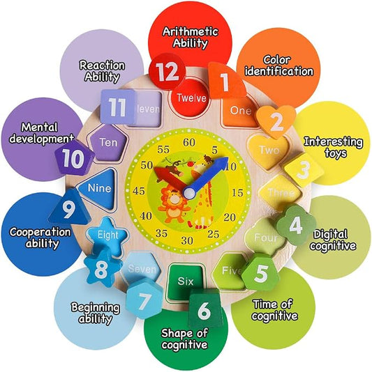 Wooden Sorting Clock Toy for Kids 3-5 Years Old, Montessori Shape Color & Animal Puzzle, Educational Learning Gift for Teaching Time, Numbers, and Fine Motor Skills - Image 2