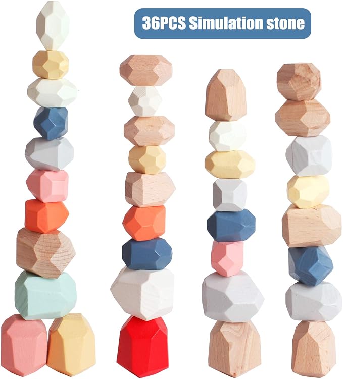 BESTAMTOY 36 PCS Wooden Sorting Stacking Rocks Stones,Sensory Toddler Toys Learning Montessori Toys, Building Blocks Game for Kids 3 4 5 6 Years Boy and Girl Birthday Gifts for Kids - Image 7