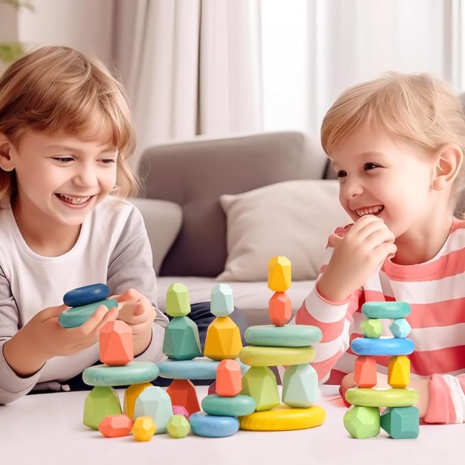 OESSUF Stacking Rocks 26Pcs Stacking Blocks Balancing Stones Wooden Building Toys Wood Stone Stacking Game for Toddler Sorting Preschool Educational Montessori Stacking Rocks for Kids - Image 7