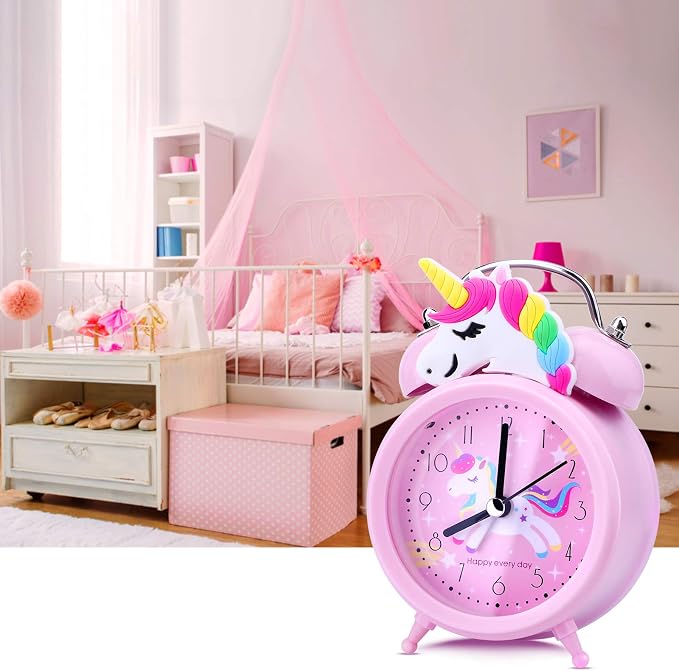 TCJJ Unicorn Alarm Clock for Girls Kids, Cute Bedroom Decoration, Non Ticking Silent Second Hand, w/Backlight Super Loud Twin Bell, for Kids Unicorn Gifts (Pink) - Image 7